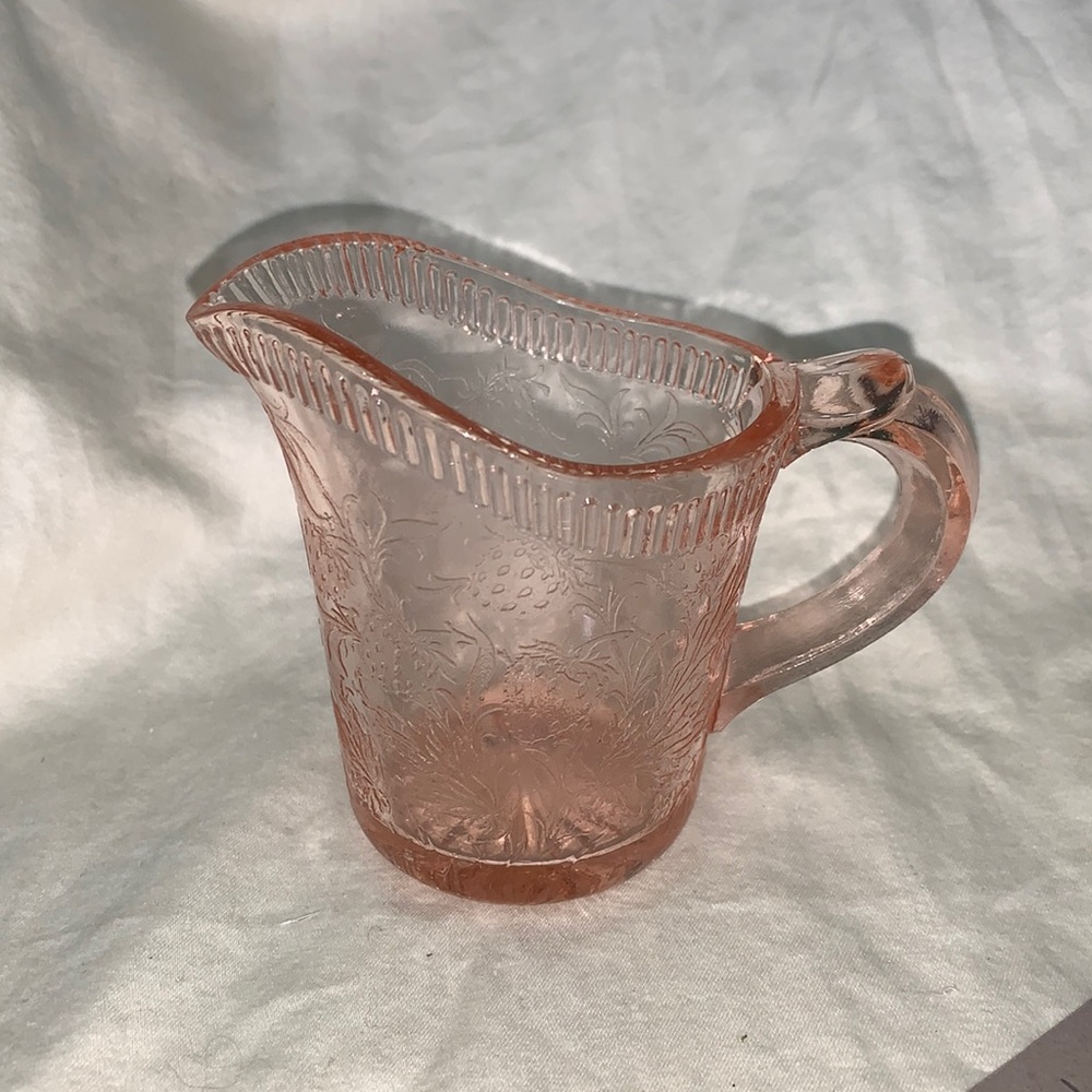 Pink strawberry creamer by US Glass Co made in early 1930’s